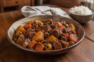 plato de carne guisada puertorriqueña y arroz blanco