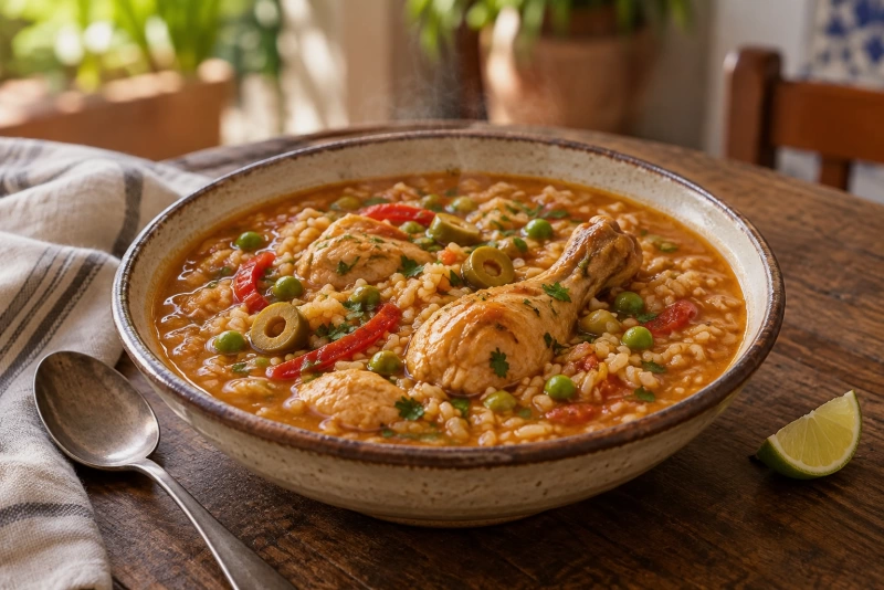 plato de asopao de pollo boricua sobre mesa rústica