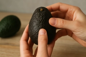persona verificando madurez de un aguacate con sus manos