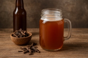 Botella y jarra de maví fermentado artesanal refrescante y dorado
