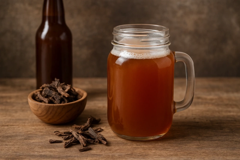 Explora el Sabor Único del Maví Fermentado Artesanal Hecho en Casa Botella y jarra de maví fermentado artesanal refrescante y dorado
