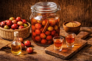 frasco de vidrio con Bilí de Vieques con Ciruela de la India