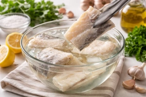 Bacalao en proceso de desalado en agua fría
