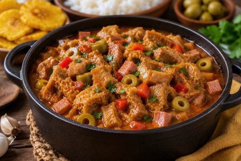 Plato de cuajito guisado con arroz y tostones en un ambiente tropical