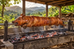 Lechón asado a la vara, dorado crujiente