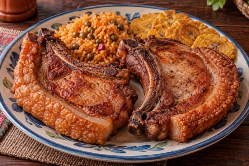 Chuletas doradas jugosas con costra crujiente y guarnición colorida